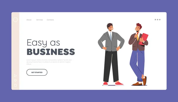 Young Business Men Conversation, Meeting, Thinking Landing Page Template. Confident Male Characters Communicate — Stockový vektor