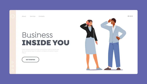Business People Communicate Landing Page Template. Characters Ask, Searching Solution, Businesspeople Conversation — Vetor de Stock