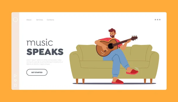 Mature Man Playing Guitar Landing Page Template. String Instrument Course, Private Guitar Lessons, Education, Hobby — Image vectorielle