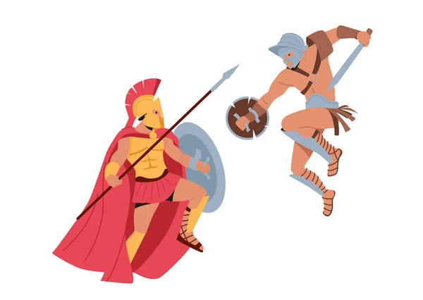 Legionära soldater, romerska krigare, Gladiators Wear Helmet Holding Shield Fight på Coliseum Arena. Forntida historia — Stock vektor