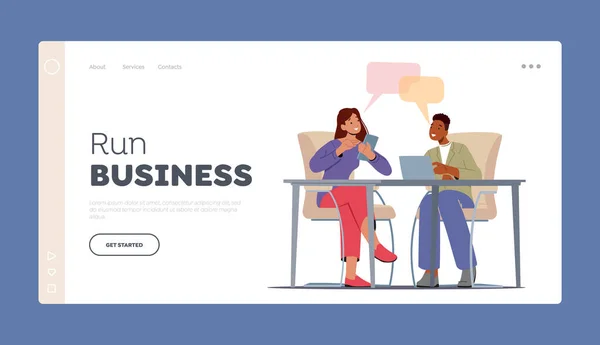 Business People Think Idea Landing Page Template. Teamwork, Brainstorm. Creative Team Man and Woman Discuss Project — Stock Vector