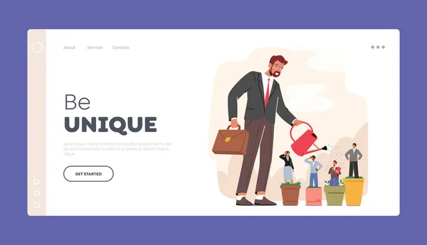 Hr, Talent Development, Career Growth Landing Page Template. Businessman Character Watering Talented Managers in Pots — Stockový vektor