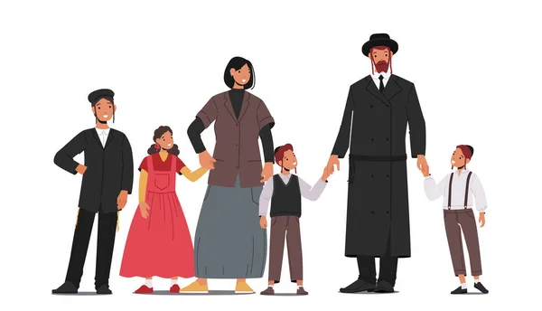 Traditional Jewish Family, Orthodox Jew Parents and Children Characters. Israel People Mature and Young Generations — Vettoriale Stock