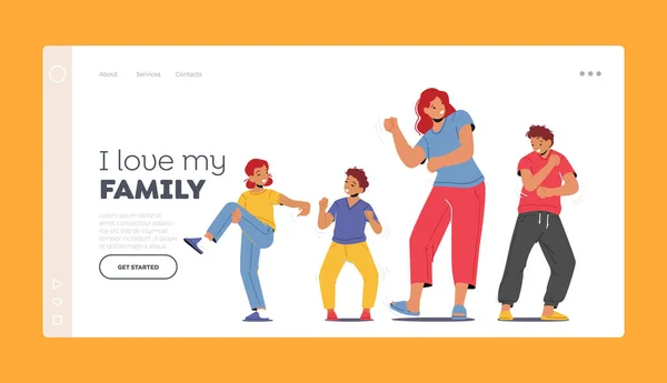 Happy Family Vier Home Party Concept Landing Page Template. Vrouw met Kinderen Dans. Moeder met kinderen vrije tijd — Stockvector