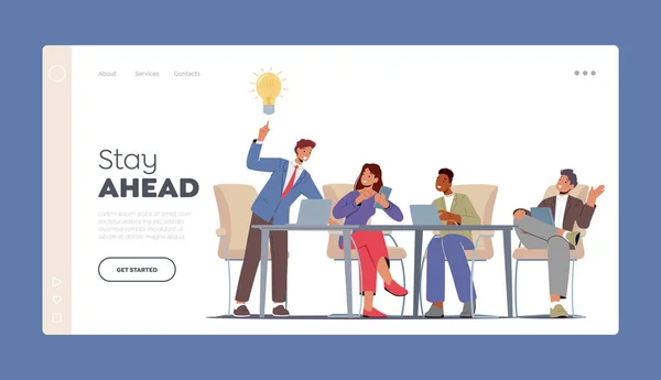 Desarrollo de proyectos, plantilla de landing page de trabajo en equipo. Tormenta de ideas creativa en la oficina. Personajes de gente de negocios discuten — Vector de stock