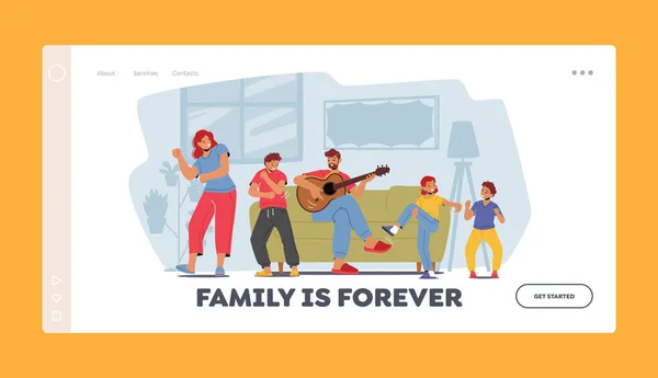 Family Rejoice, Home Party Landing Page Template. Parents and Kids Characters Dance, Father Playing Guitar — Image vectorielle