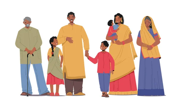 Glad indisk familj isolerad på vit bakgrund. Leende unga och gamla manliga och kvinnliga karaktärer Föräldrar, morföräldrar — Stock vektor
