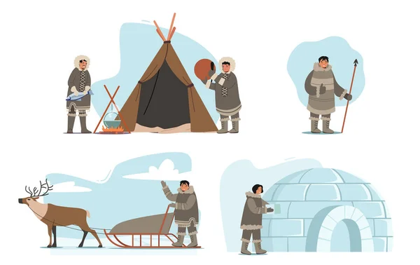 Set of Eskimos Characters Life, People Holding Spear, Building Igloo, Riding Sled, Cooking Fish and Play Tambourine — Stock Vector