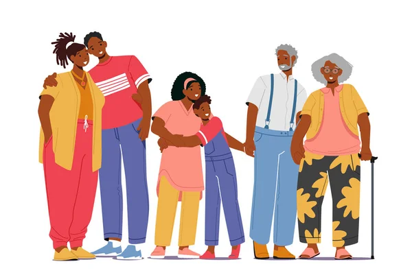 Big Happy African Family Characters Father, Mother, Grandparents and Children Hug, Hold Hands. Loving Parents and Kids — Stok Vektör