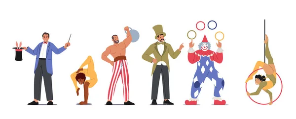 Set Zirkusartisten Charaktere. Zauberer mit Hase, Turner und Akrobat, Strongman mit Hantel, Ringmaster und Clown — Stockvektor