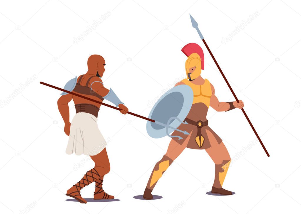 Gladiator Character Fighting with Barbarian on Coliseum Arena, Ancient Roman Armored Spartan Warrior and Moor Fight