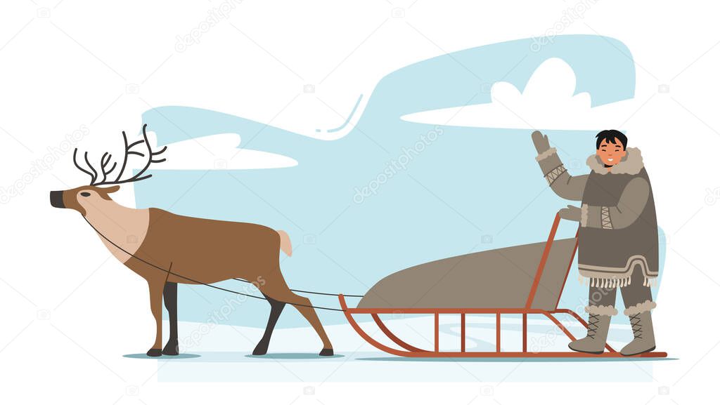 Eskimo Male Character Riding Reindeer Sleigh with Happy Face. Life in Far North Concept, Inuit in Traditional Clothes