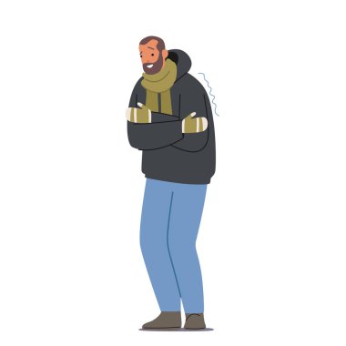 Cold Weather, Freezing People Concept. Male Character Wrapped in Warm Winter Clothes and Mittens Suffer of Minus Degree