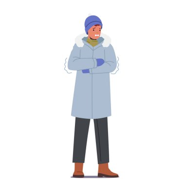 Soğuk Hava Konsepti. Dondurucu Erkek Karakteri Kalın Kış Kıyafetleri Giyiyor, Şapka ve Eldivenler Isınmaya Çalışıyor