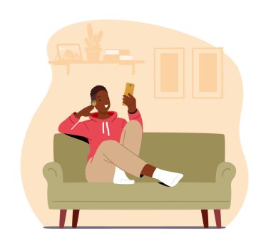 Young Man Character Sit in Comfortable Armchair at Home Listening Podcast Using Smartphone and Headset, Audio Podcast