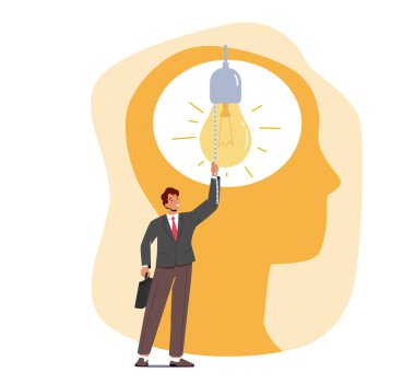 Büyük İnsan Başı 'nın içindeki İşadamı Ampulü Açıyor. Elinde Evrak Çantası Olan Erkek Karakterinin Yaratıcı Fikri Var