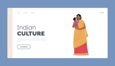 Hindistan İniş Sayfası Şablonu geleneği. Hintli Kadın Sari ve Eşarp Kucağında Bebek, Çocuklu Anne