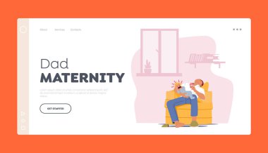 Baba Doğum İniş Sayfası Şablonu. Evde Ağlayan Çocuğu Olan Yorgun Ebeveynler, Yorgun Baba Karakteri Koltukta Uyuyor