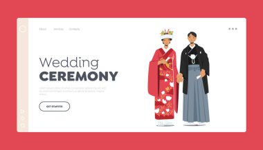 Düğün Töreni İniş Sayfası Şablonu. Asya Gelenekleri ve Kültürü, Japon Çiftler Geleneksel Kostüm Giyer