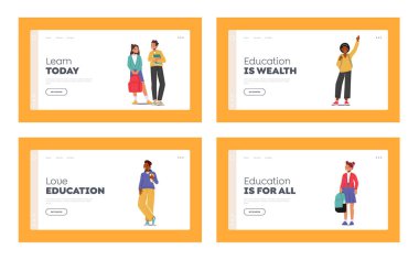 Kids Education Landing Page Template Set. Pupils Characters Wearing Uniform with Backpacks and Textbooks