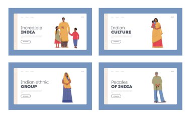 Hindistan İniş Şablonu Halkı. Mutlu Hintli Aile, Gülümseyen Genç ve Yaşlı Erkek ve Kadın Karakterler