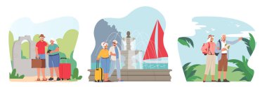 Set Senior Tourists Voyage in Foreign Country. Old Characters Searching Place with Map, Walk at City, Active Pensioners