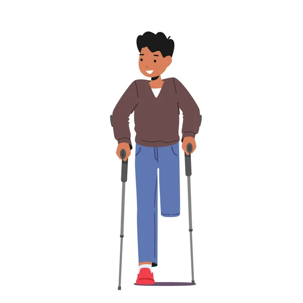 Kids Disability Lifestyle Concept. Disabled Boy without one Leg Stand on Crutches. Patient Rehabilitation after Accident — Stok Vektör