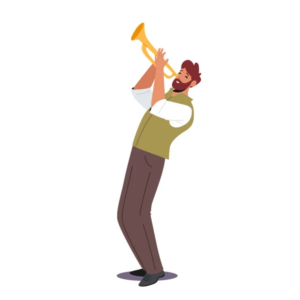 Σαλπιγκτής φυσάει σύνθεση μουσικού. Trumpet Player αρσενικό χαρακτήρα Παίζοντας σε σωλήνα απομονώνονται σε λευκό φόντο — Διανυσματικό Αρχείο