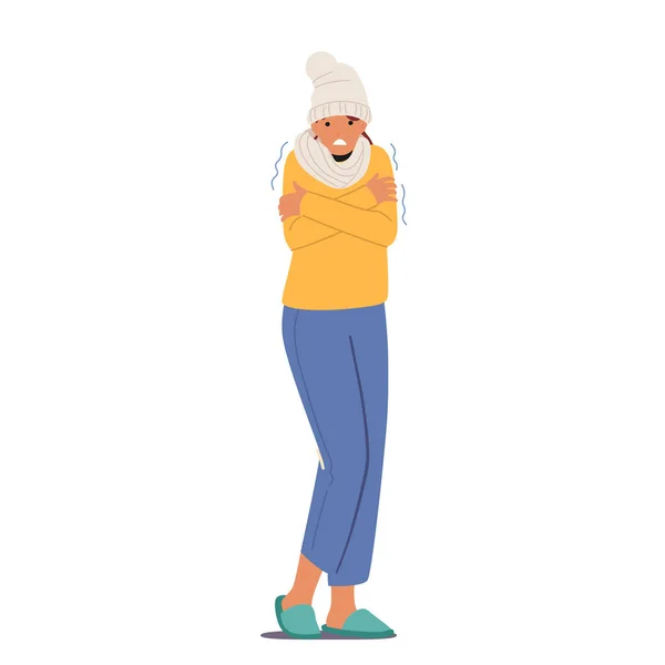Замораживающий женский персонаж завернутый в теплые зимние одежды, шляпы, шарфы и домашние тапочки дрожит из-за низкой степени минуса — стоковый вектор