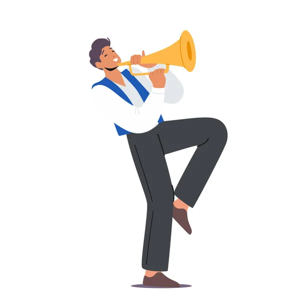 Jazz Band Entertainment, konsert. Manlig karaktär spelar trumpet eller horn, musikspelare isolerad på vit bakgrund — Stock vektor