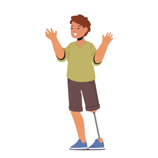 Niepełnosprawny dzieciak, niepełnosprawny uczeń z protezą nóg Uśmiechnięty, machający rękami. Motywacja, Bodypositive. Nieprawidłowa radość życia. Rehabilitacja dzieci, opieka zdrowotna. Ilustracja wektora kreskówek — Wektor stockowy