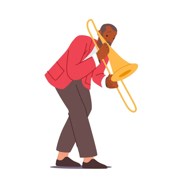 萨克斯演奏家吹奏音乐作曲家的作品。非洲男性角色在白人背景下演奏萨克斯风 — 图库矢量图片