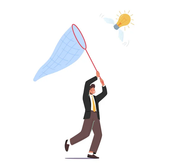 Businessman Character Chasing Flying Light Bulb Trying to Catch with Butterfly Net Isolated on White Background — Stock Vector