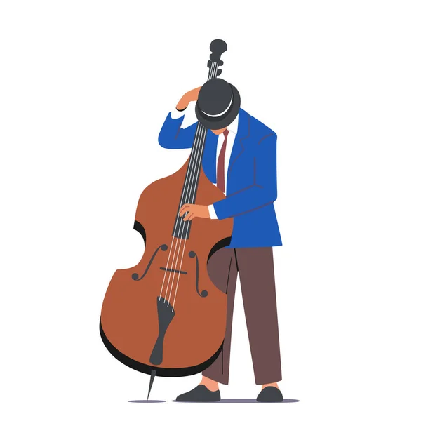 Jazz Performance on Scene, Instrumental Ensemble. Musician Male Character Playing Contrabass or Cello String Instrument — Stock Vector