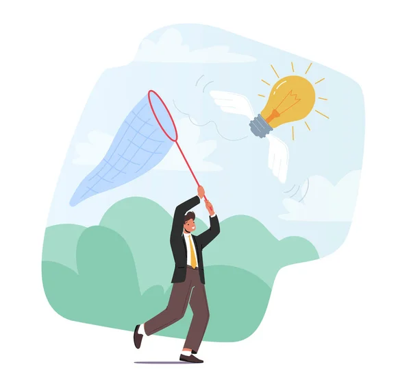 Businessman Chasing Flying Light Bulb Trying to Catch it with Butterfly Net. Hombre de negocios Buscando Inspiración, Idea — Archivo Imágenes Vectoriales