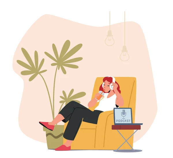 Woman Sitting With Phone Choosing or Listening Podcast in Mobile App. Female Character Enjoying Audio Podcast — Stockvector