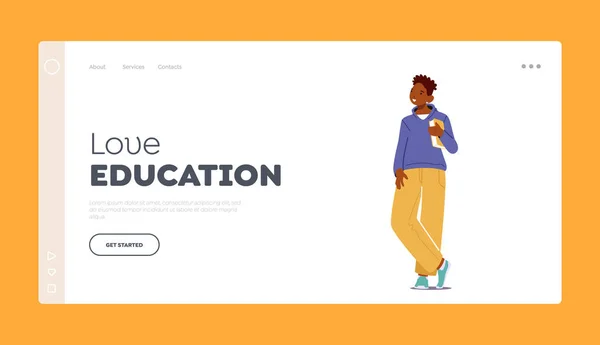 Education Landing Page Template. African Schoolboy Teenager with Textbook. Happiness, Education, Childhood — Vetor de Stock