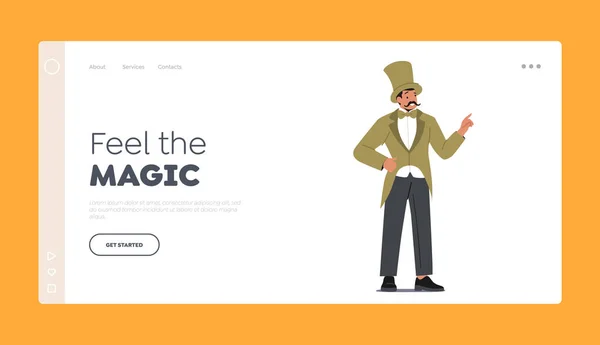 Showman, Magician Landing Page Template. Circus Performer, Ringmaster Character in Top Hat and Vintage Tailcoat Costume — Stockvector