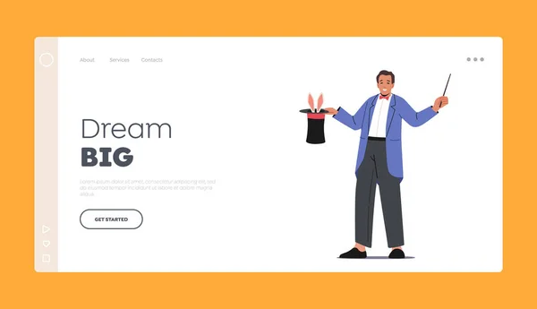 Big Top Illusionist Magic Show Landing Page Template. Circus Magician Performing Tricks With Magical Wand and Rabbit — Vetor de Stock