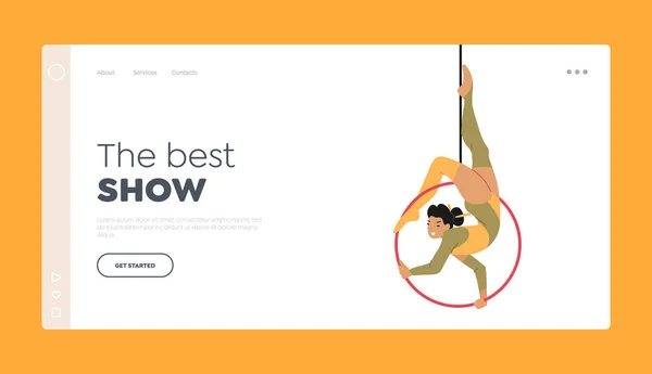 Acrobatics Woman Show Performance Landing Page Template. Circus Aerial Gymnast Girl Balancing in Ring, Girl Acrobat — Wektor stockowy