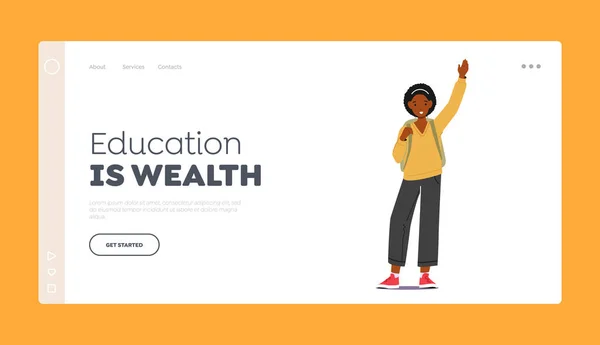 L'éducation est un modèle de page d'atterrissage de richesse. Jeune fille de l'école africaine avec sac à dos agitant la main. Bonne enfance — Image vectorielle