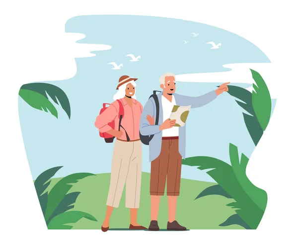 Люди похилого віку подорожують шляхом пошуку в тропічній країні. Старі люди у подорожі за кордон. старших туристів з картою — стоковий вектор
