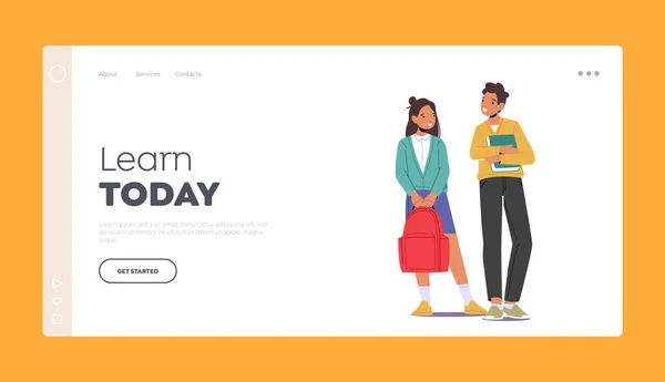 Learn Today Landing Page Template. Kids Pupils Characters Wear Uniform with Backpacks and Textbooks. Children Education — Stock Vector