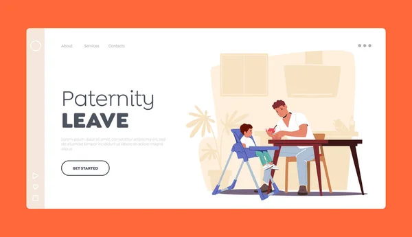 Paternity Leave Landing Page Template. Dad Feed Baby with Spoon, Toddler Sit in Special High Chair. Father Raising Child — Vettoriale Stock