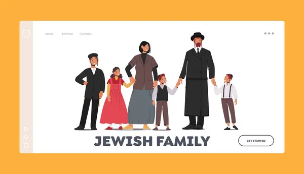 Traditional Jewish Family Landing Page Template. Orthodox Jew Parents and Children Characters. Israel People — Archivo Imágenes Vectoriales