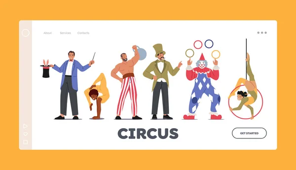 Шаблон сайта артистов цирка. Фокусник с кроликом, гимнаст и акробат, Силач с гантелями — стоковый вектор