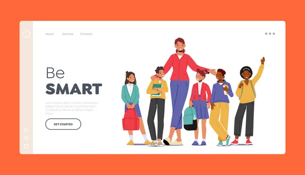 Volver a la plantilla de landing page de la escuela. Joven profesora sonriente y grupo de niños en fila. Escuela primaria — Vector de stock