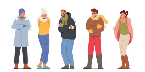 Conjunto de personas congeladas, concepto de clima frío. Personajes masculinos y femeninos que llevan ropa abrigada con bajo grado de sufrimiento — Archivo Imágenes Vectoriales