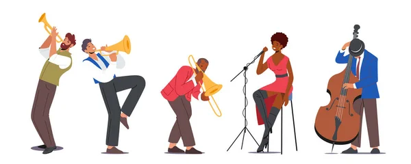 Jazz Band on Stage Performing Music Concert. Artistes Personnages sur scène avec instruments de musique Trompette, Saxophone — Image vectorielle