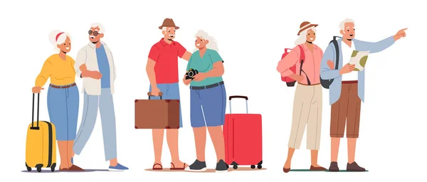 Set Senior Tourists Foreign Trip, Pensionistas Buscando Lugar con Mapa, Caminando, Haciendo Imágenes. Viejos viajeros activos — Archivo Imágenes Vectoriales